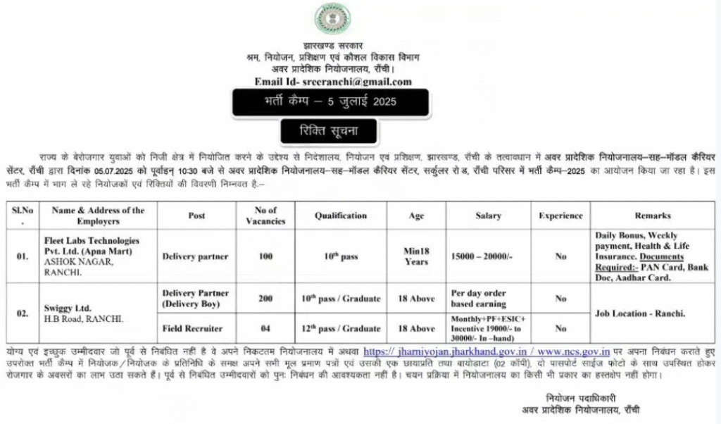 Ranchi Rojgar Mela 2025 Notice